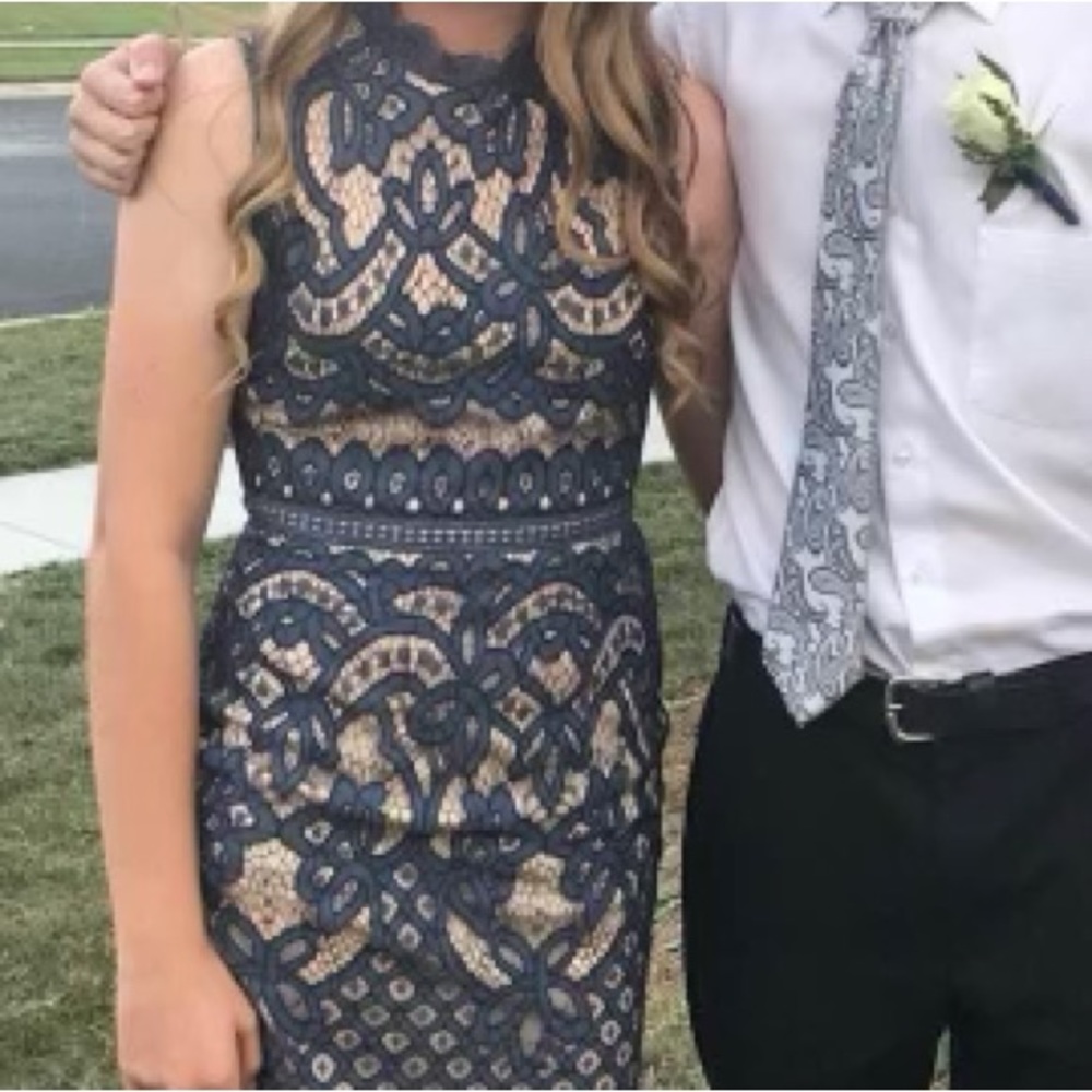 Navy Blue and Cream Semi Formal Dress